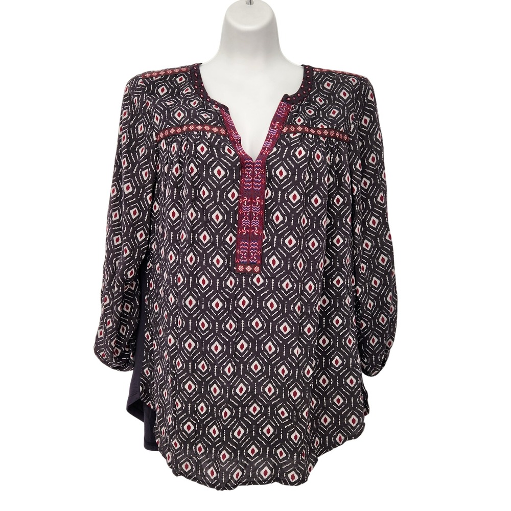 Anthropologie One September Boho Abstract V-Neck Roll Sleeve Tunic Top M A511804